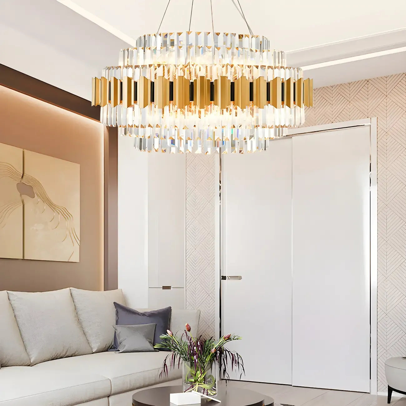 Lustre suspendu à plusieurs niveaux en cristal doré pour salon moderne