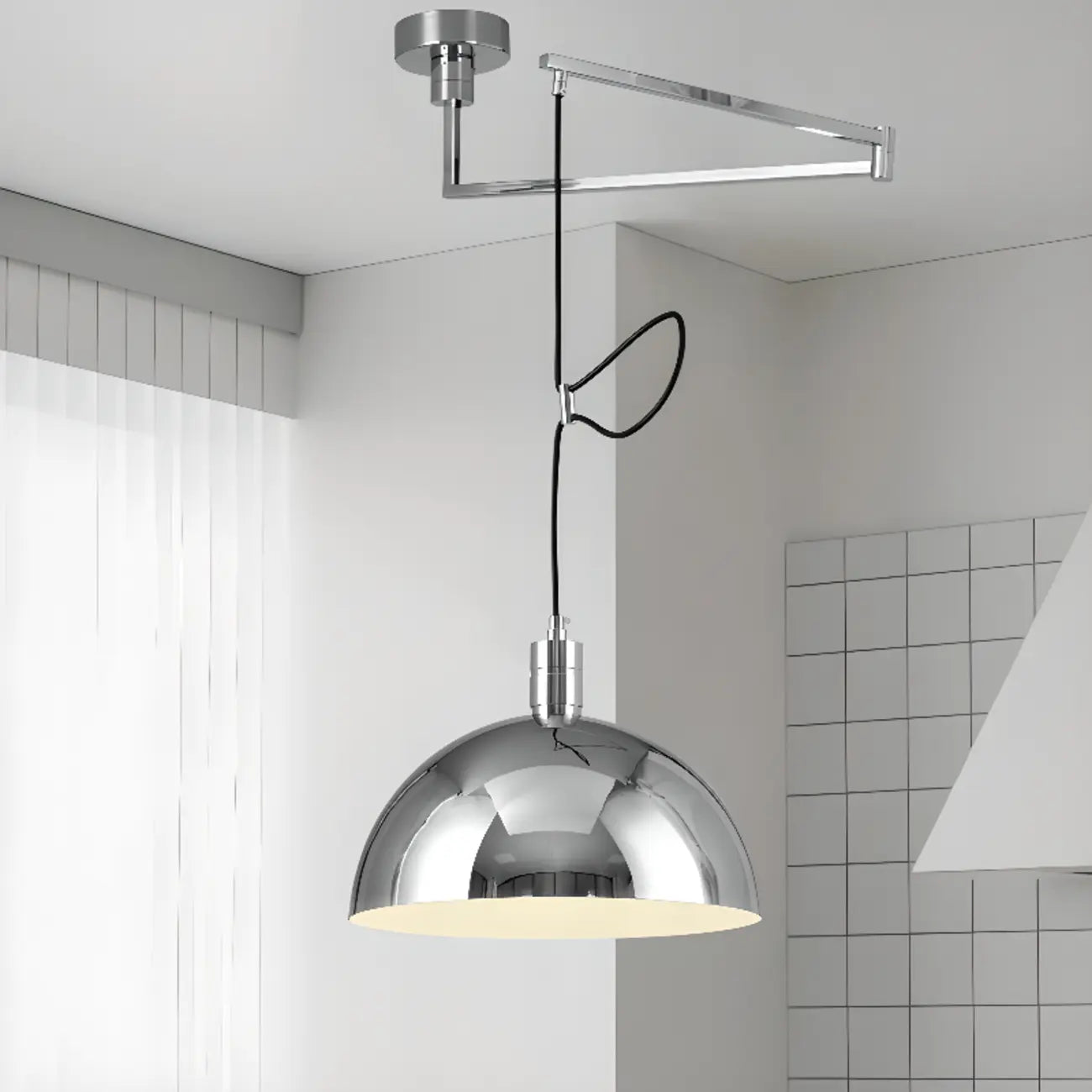Lampada a sospensione da cucina a braccio orientabile con cupola cromata, da