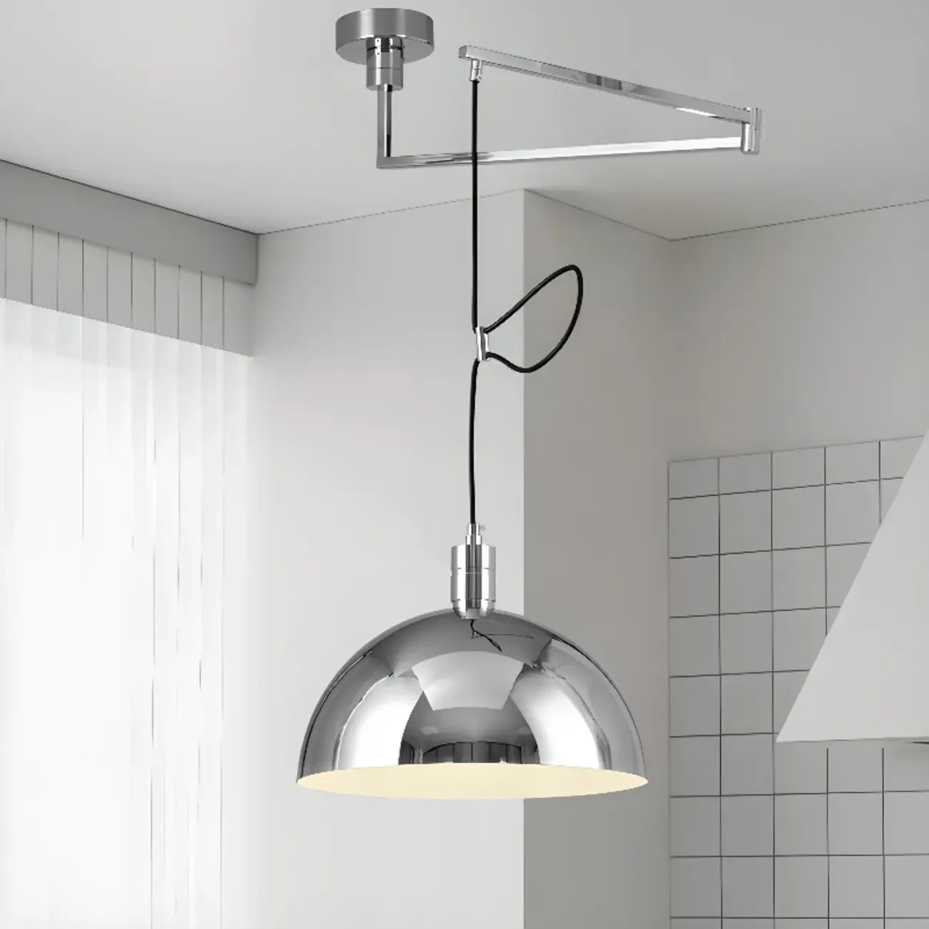 Lampada a sospensione da cucina a braccio orientabile con cupola cromata, da