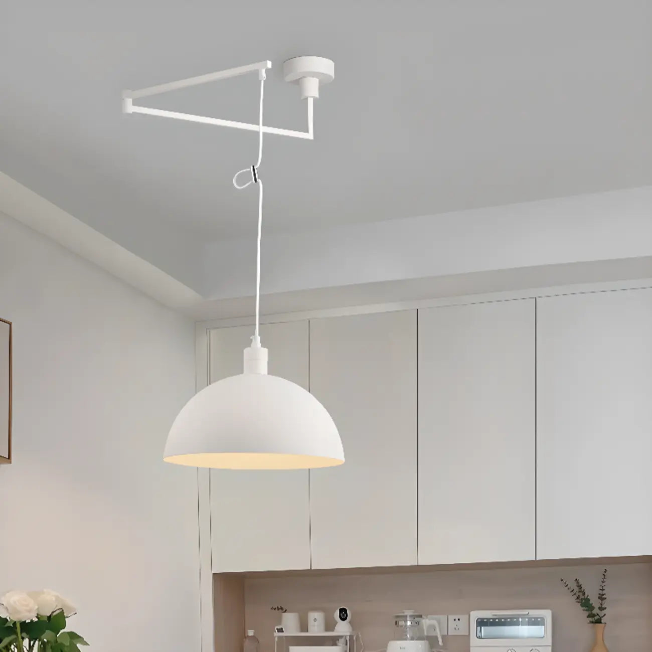 Lampada a sospensione da cucina a braccio orientabile con cupola cromata, da