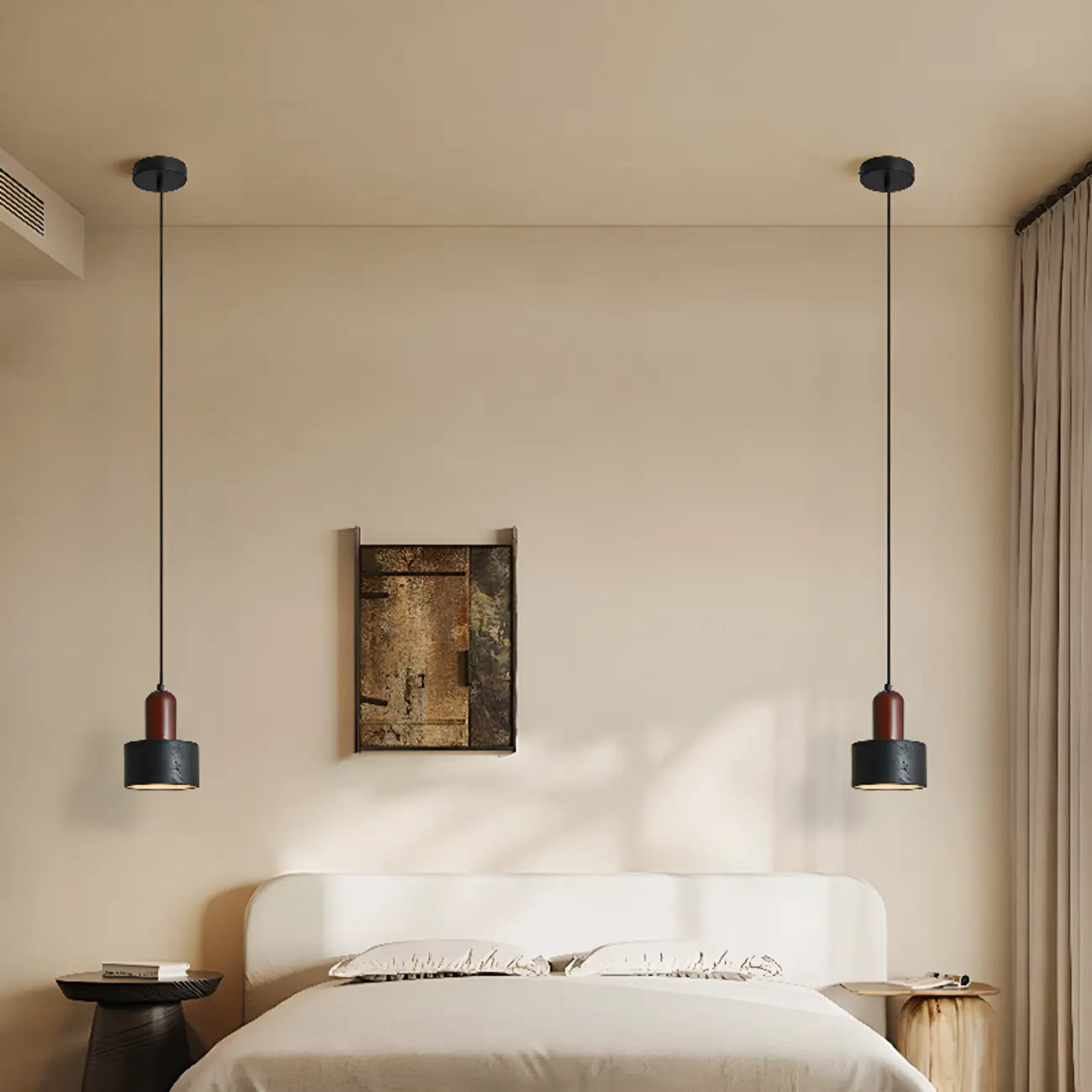 Suspension cylindrique en bois et pierre noire pour chambre