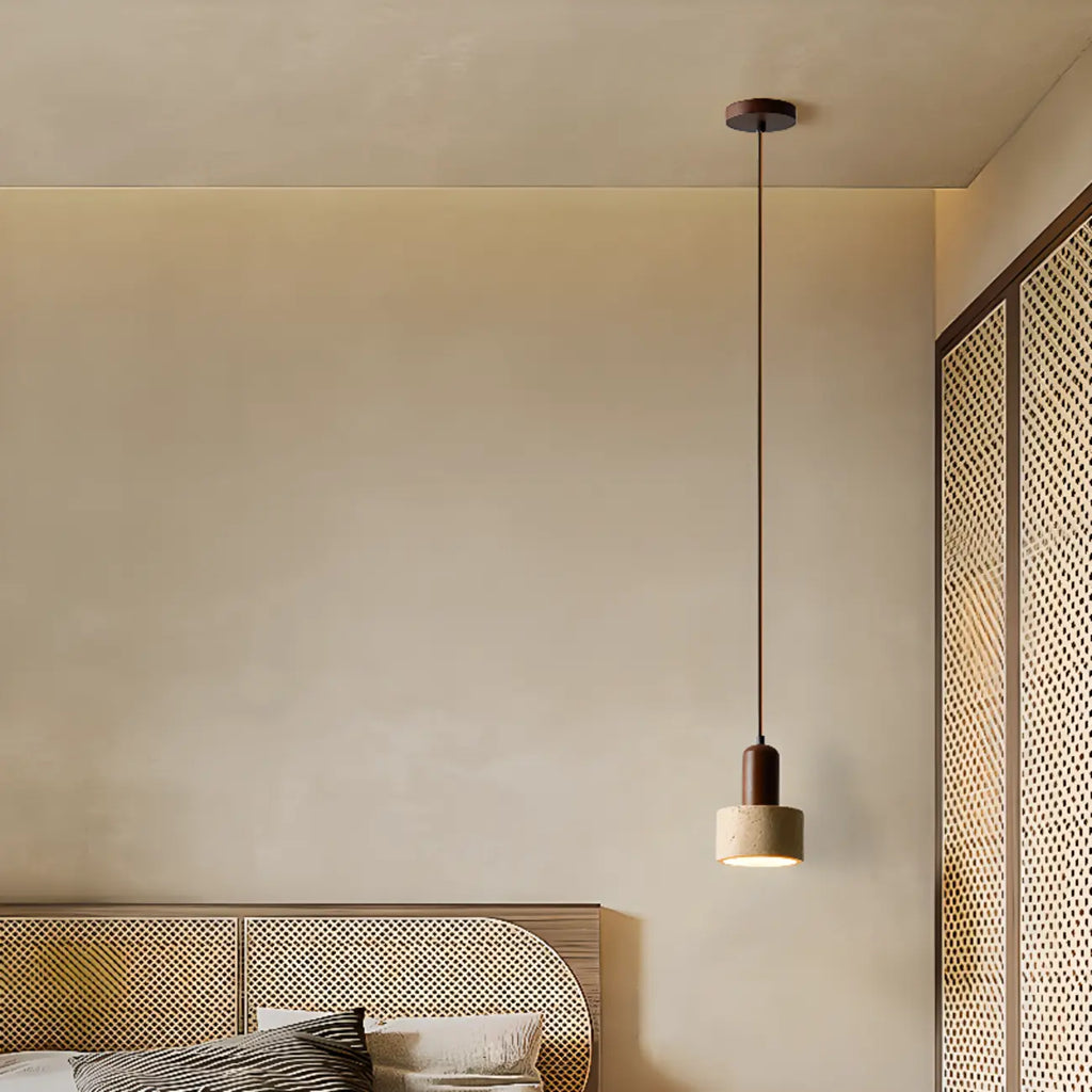 Suspension cylindrique en bois et pierre noire pour chambre