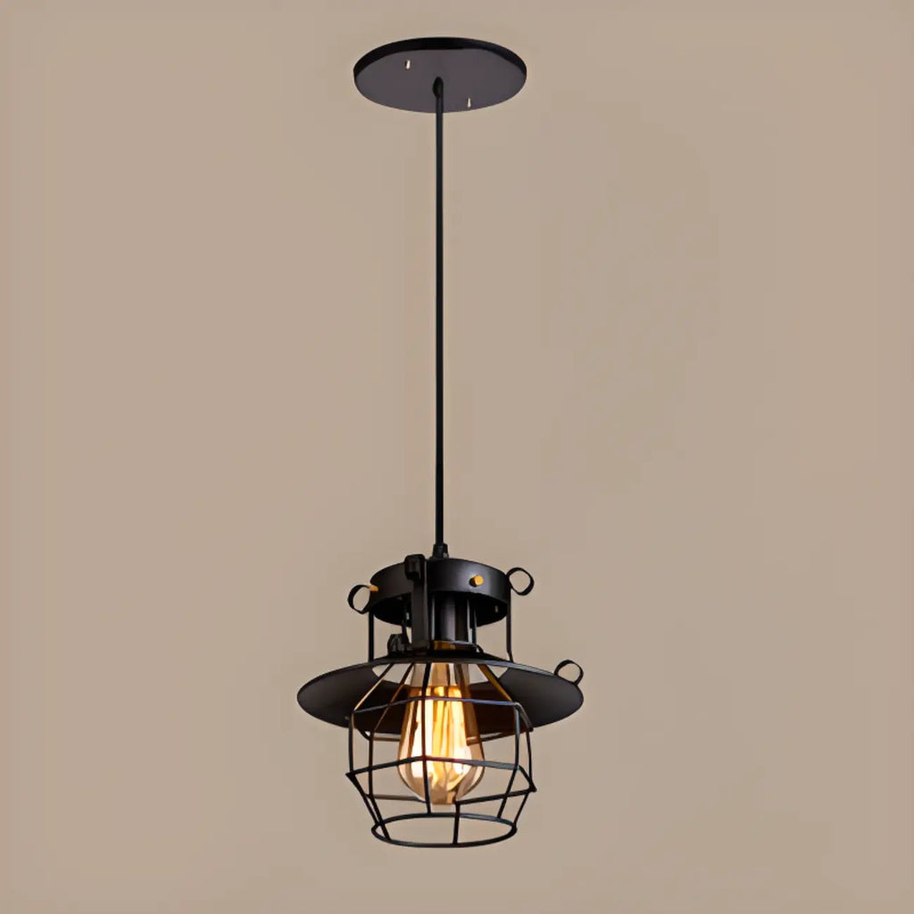 Suspension gothique en fer noir avec cage lumineuse