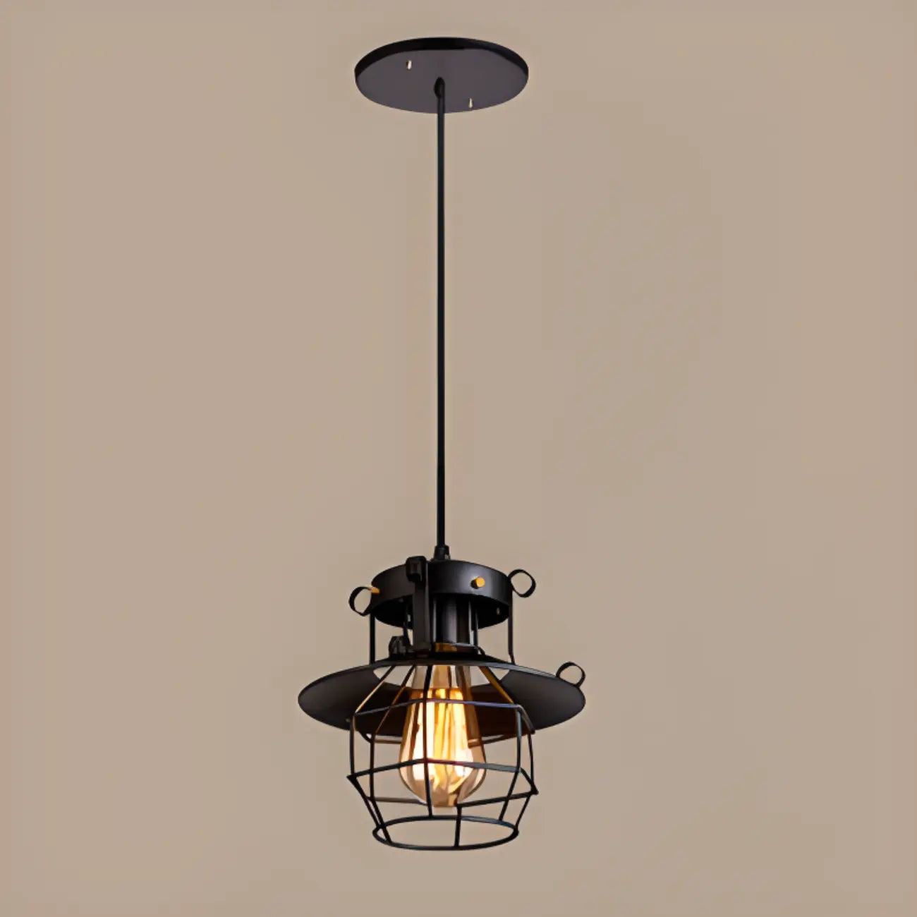 Suspension gothique en fer noir avec cage lumineuse