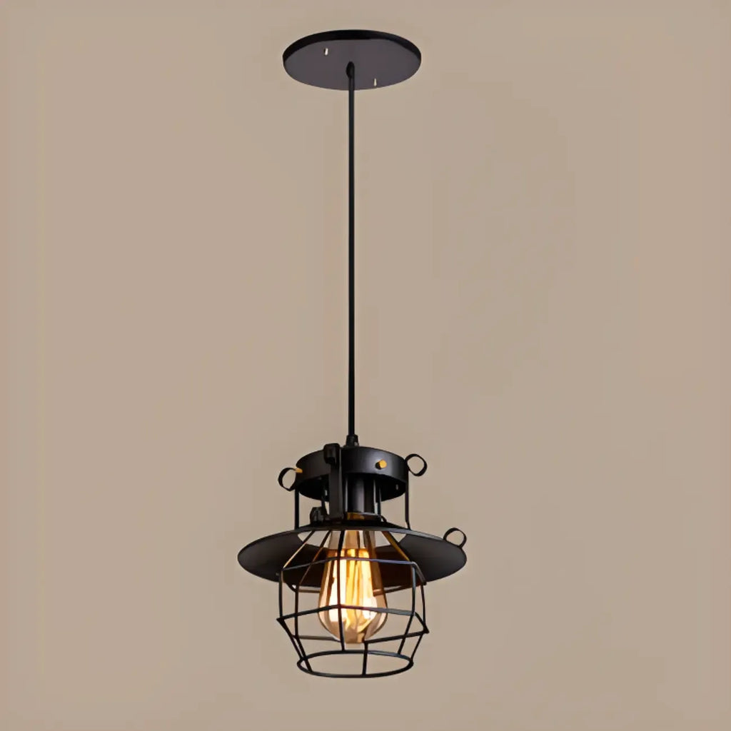 Suspension gothique en fer noir avec cage lumineuse