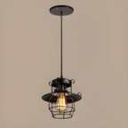 Suspension gothique en fer noir avec cage lumineuse