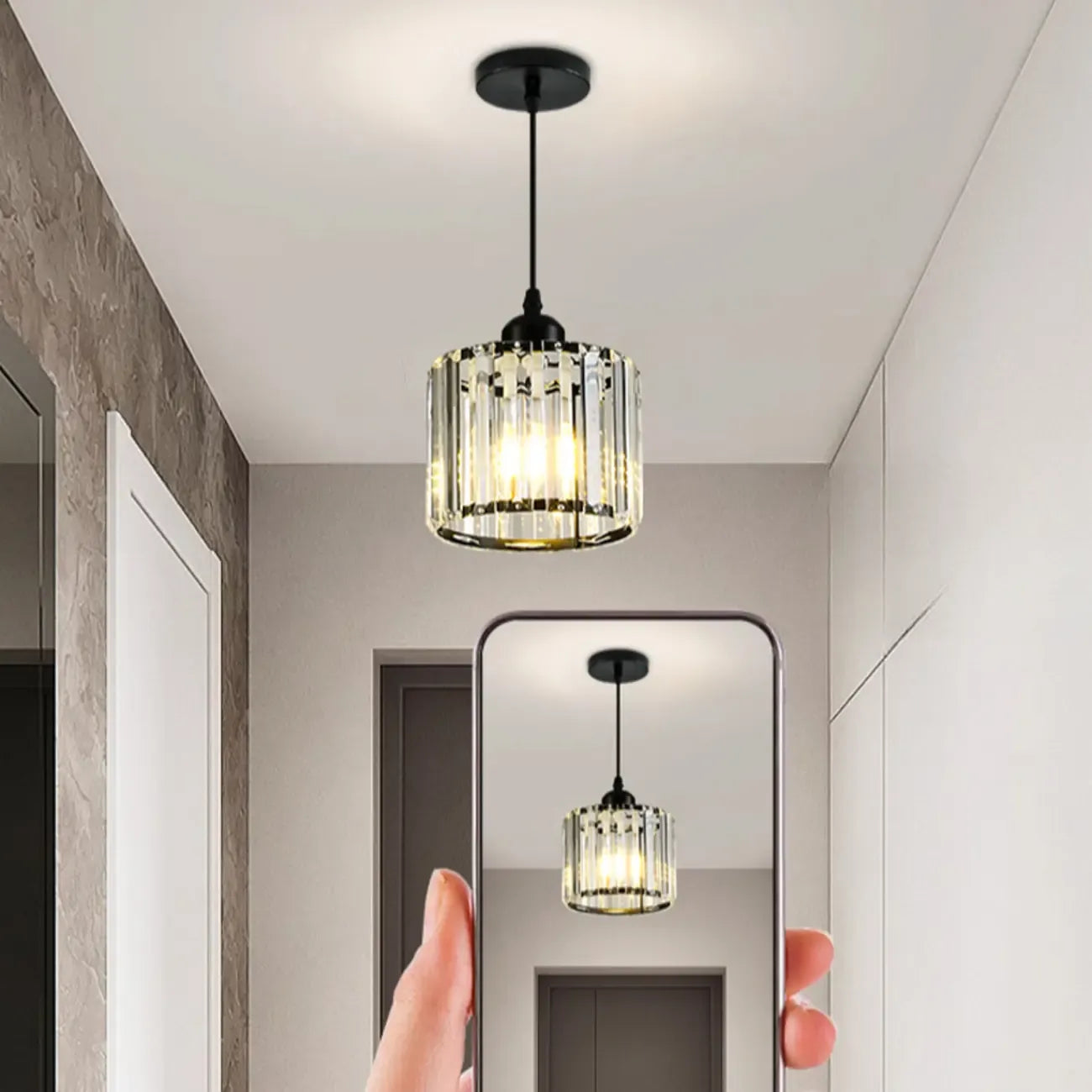 Suspension géométrique Art Déco en métal doré et cristal