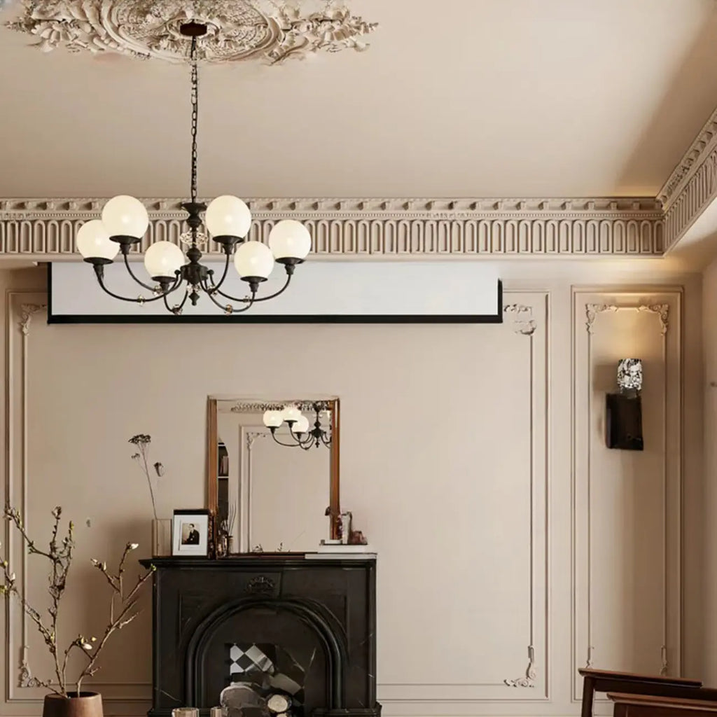 Lustre moderne à 6 lumières en verre noir avec accents de cristal
