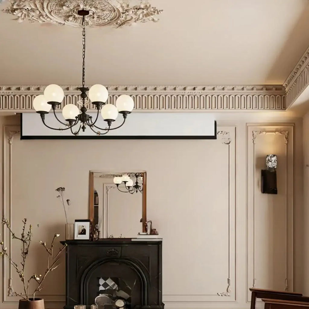 Lustre moderne à 6 lumières en verre noir avec accents de cristal