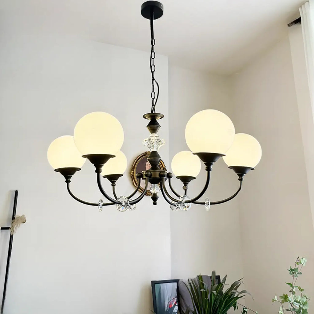Lustre moderne à 6 lumières en verre noir avec accents de cristal