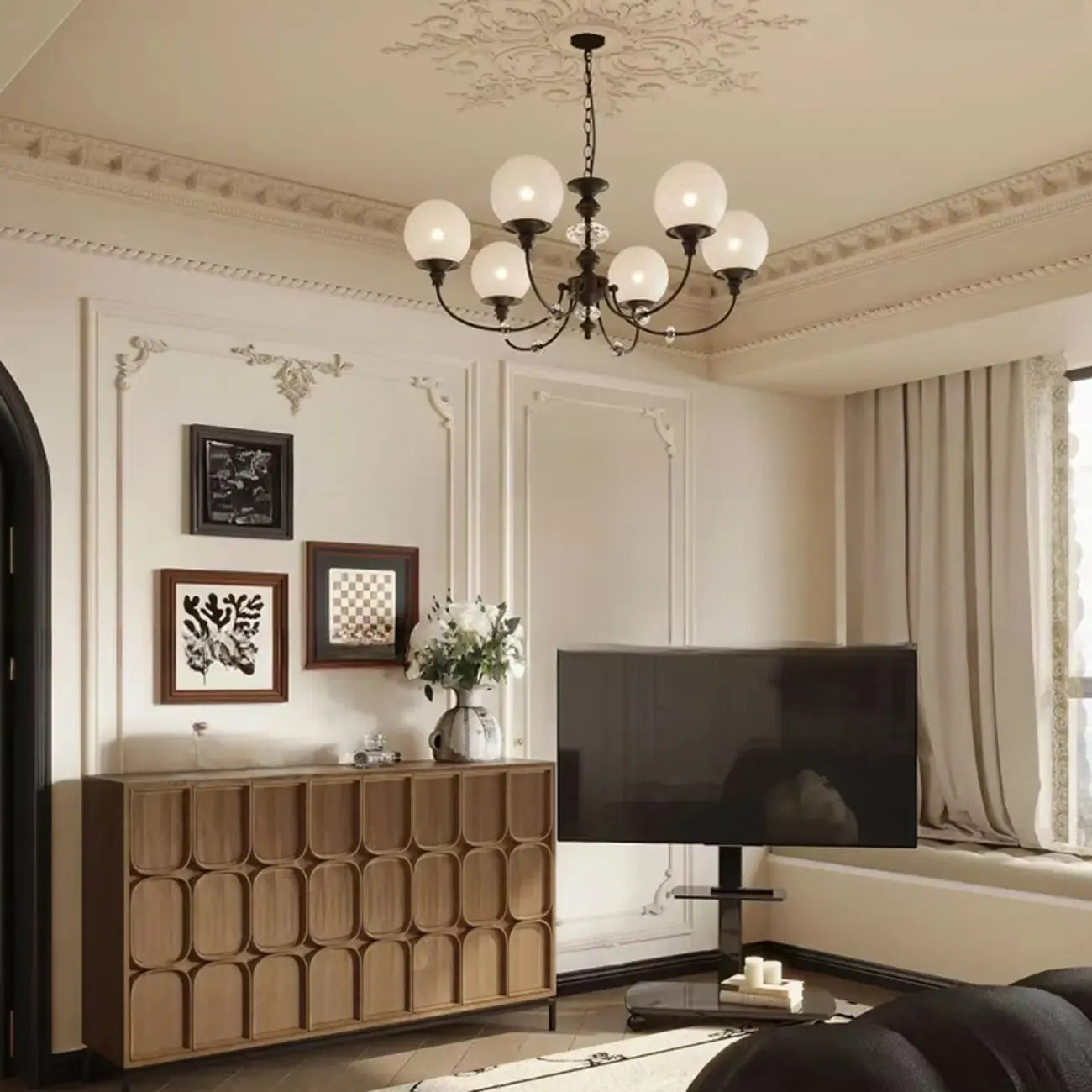 Lustre moderne à 6 lumières en verre noir avec accents de cristal