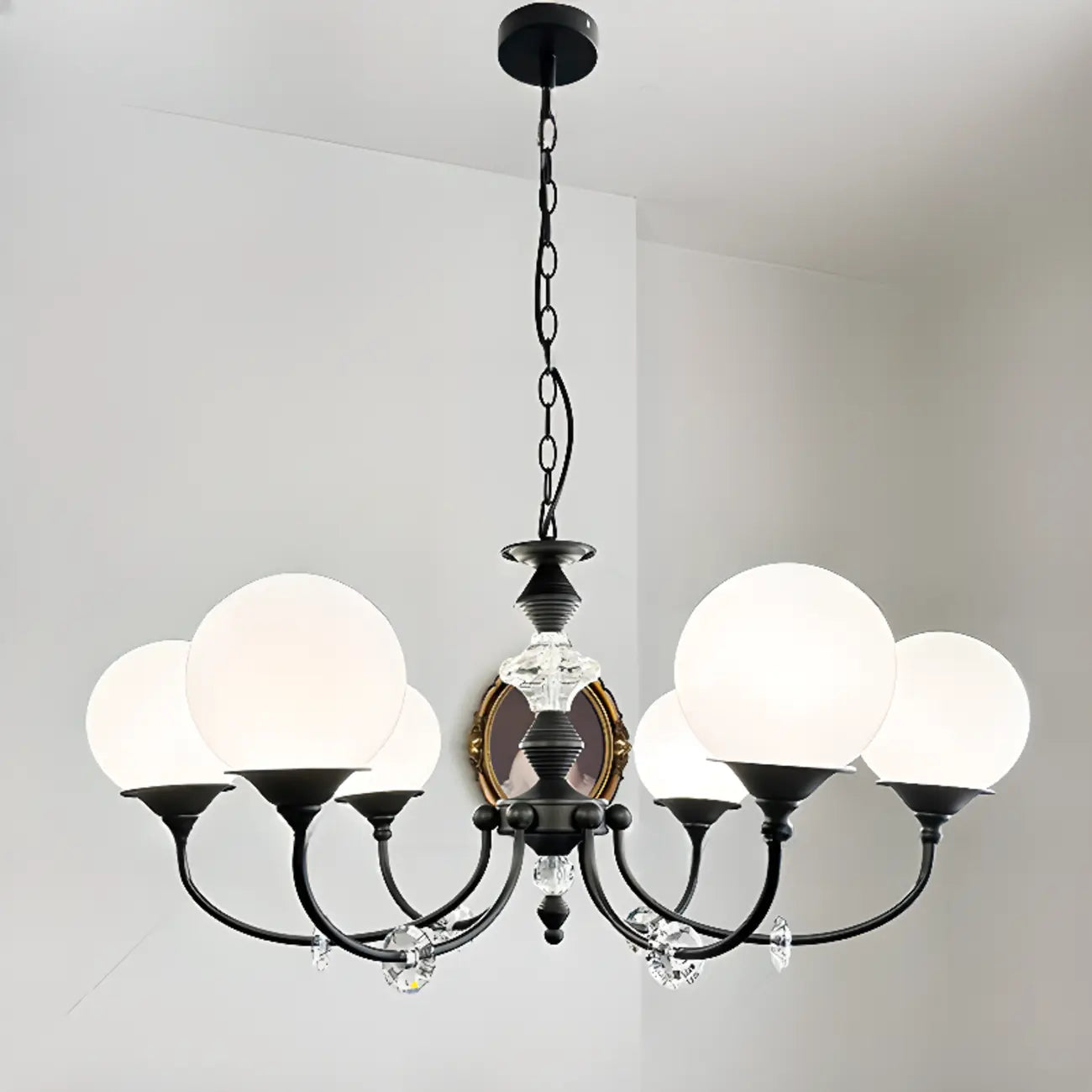 Lustre moderne à 6 lumières en verre noir avec accents de cristal
