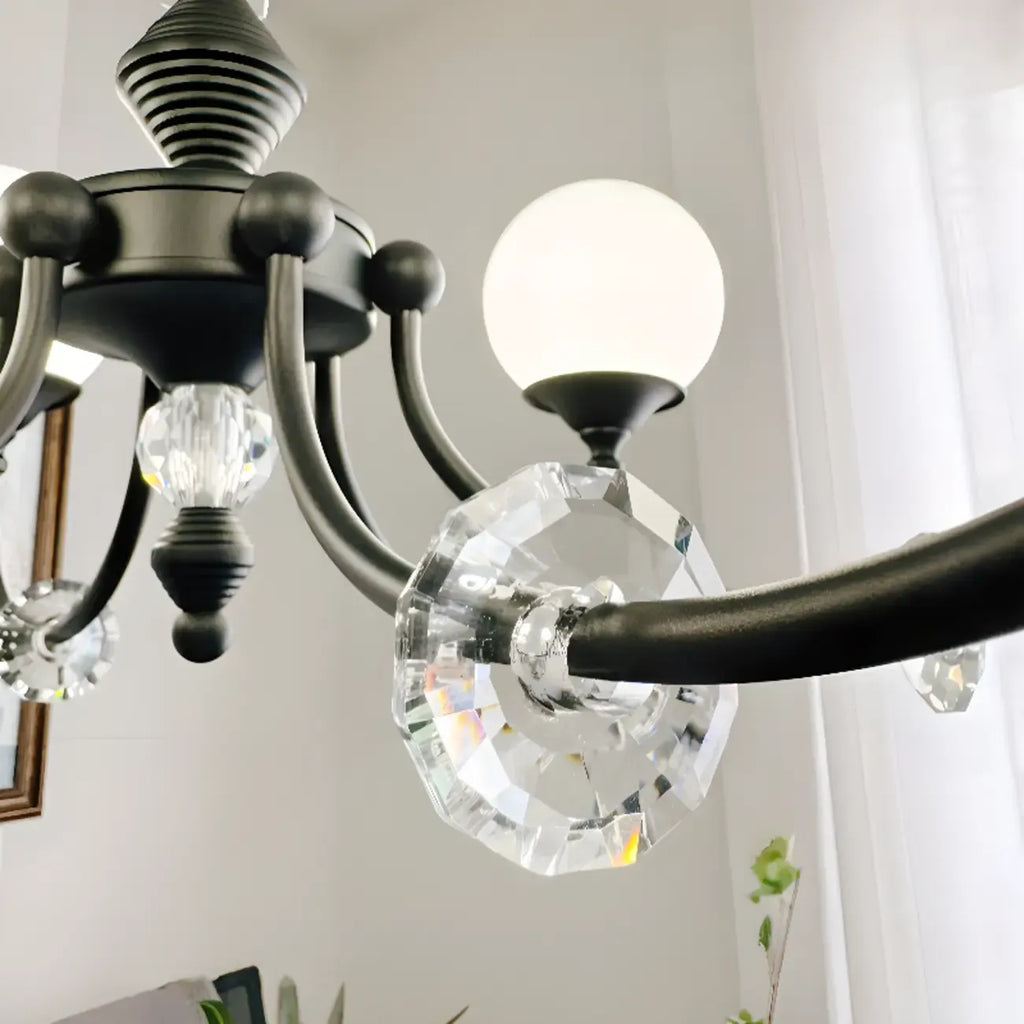 Lustre moderne à 6 lumières en verre noir avec accents de cristal