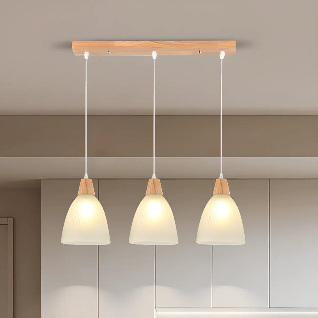 Lampadario a sospensione moderno a 3 luci in vetro e legno per isola cucina