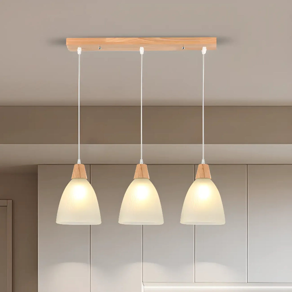 Lampadario a sospensione moderno a 3 luci in vetro e legno per isola cucina