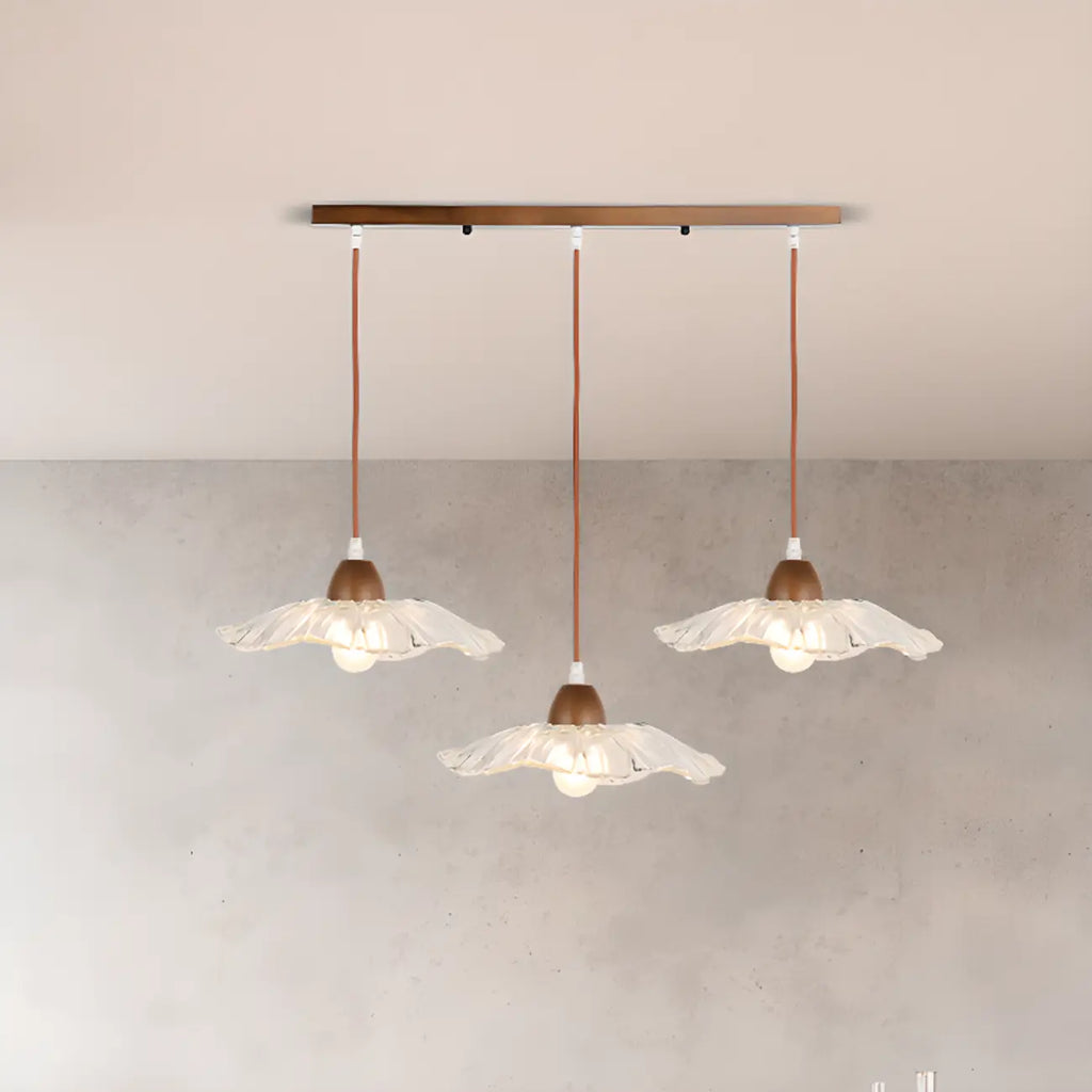 Lampadario a sospensione moderno a 3 luci in vetro e legno per isola cucina