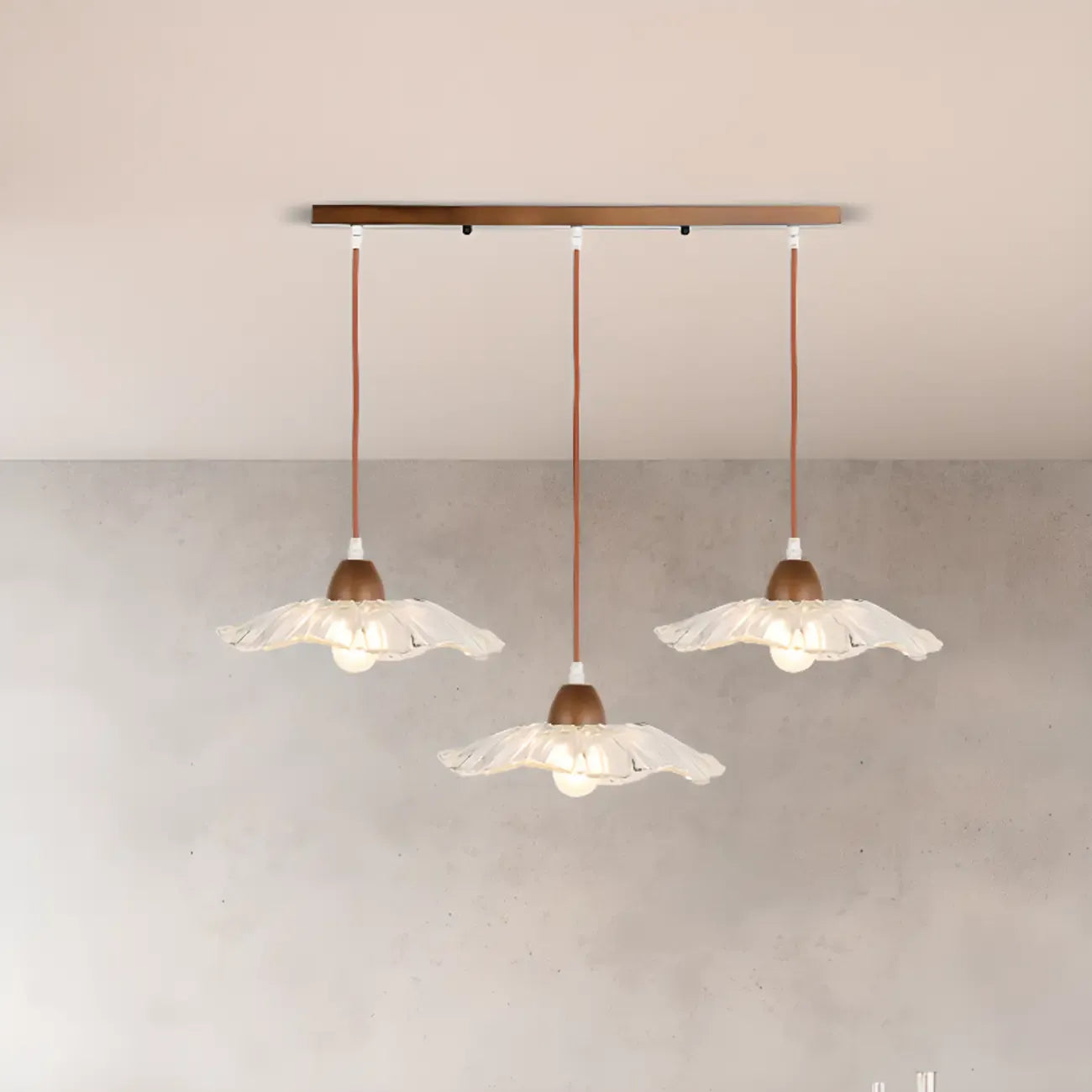 Lampadario a sospensione moderno a 3 luci in vetro e legno per isola cucina