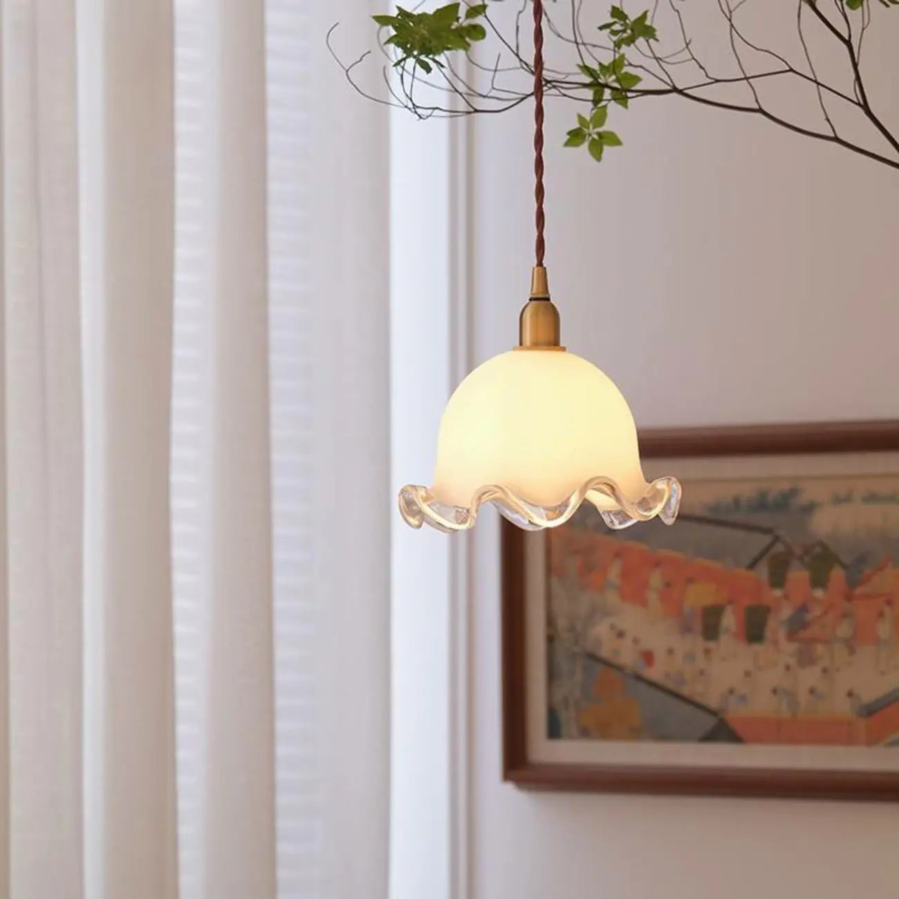 Suspension élégante en laiton blanc et verre à motif floral pour cuisine