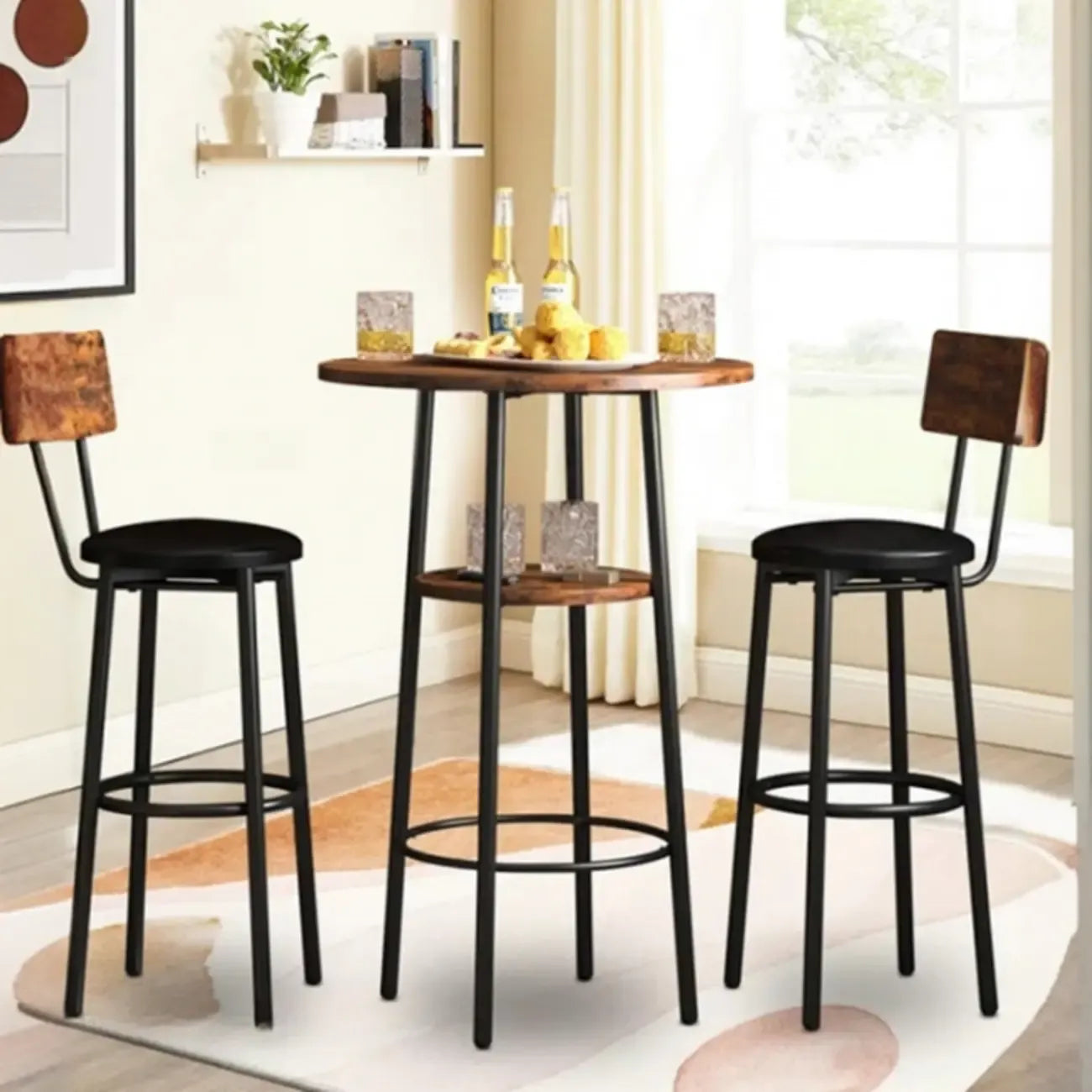 Table haute de bar ronde à 2 niveaux de style industriel pour petits espaces