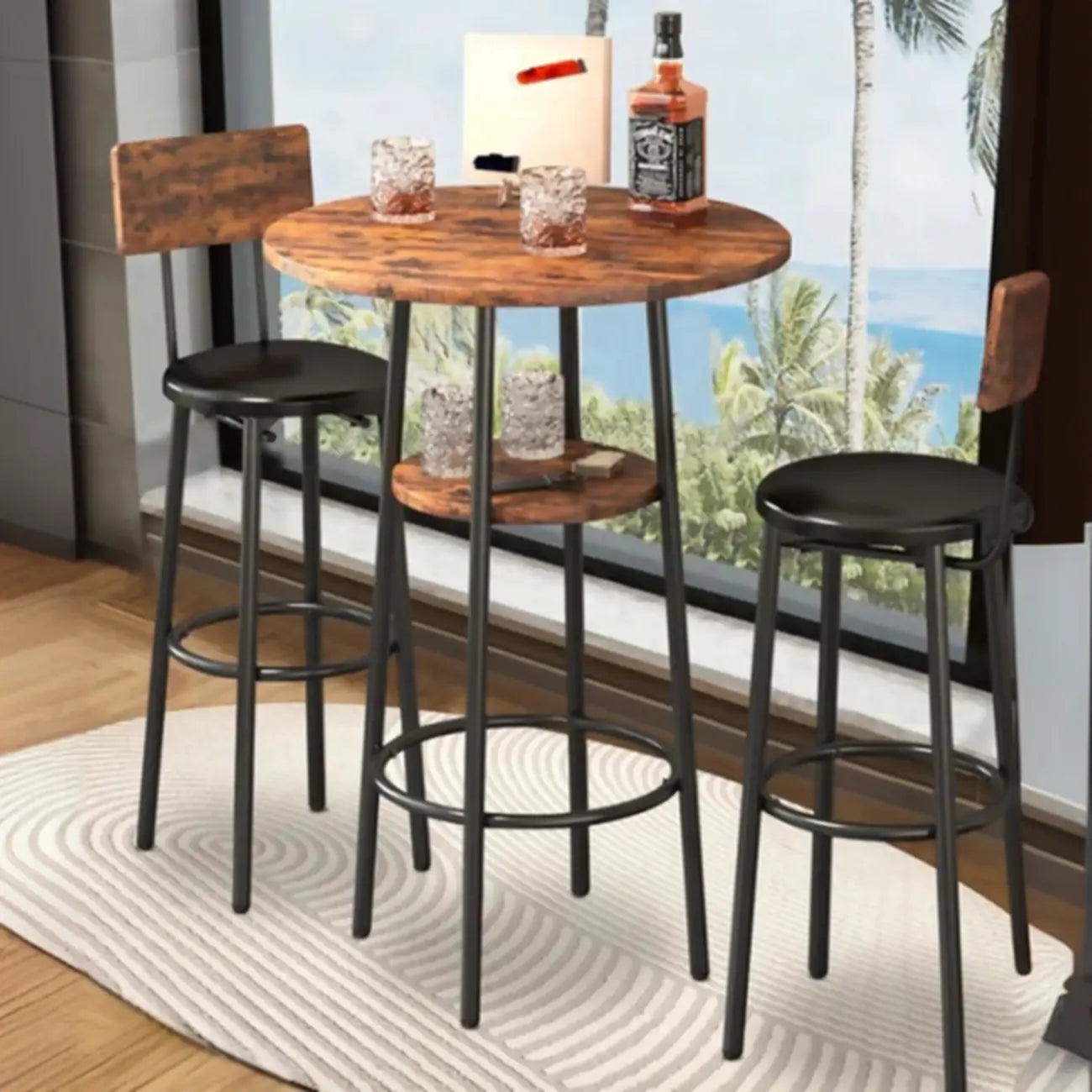 Table haute de bar ronde à 2 niveaux de style industriel pour petits espaces