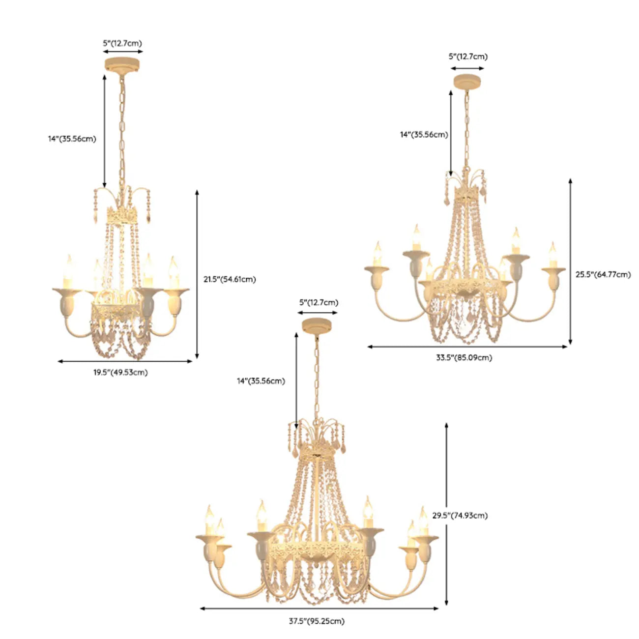 Lustre candélabre en métal blanc cristal et couronne