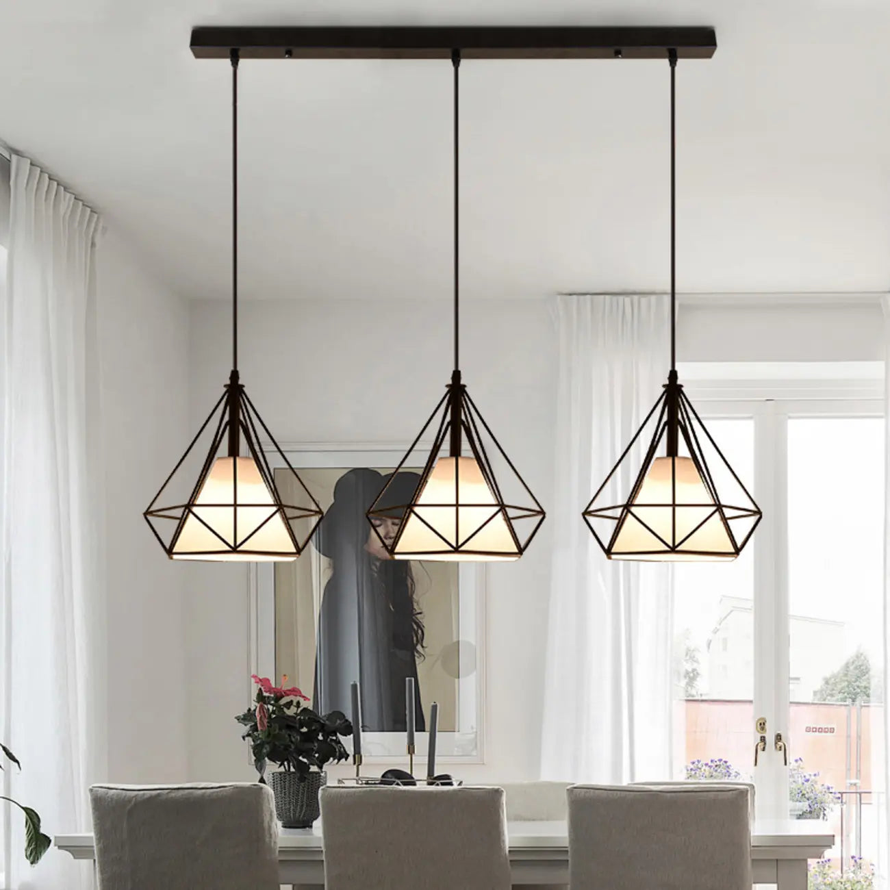 Lampadario a sospensione da cucina a 3 luci, in metallo nero, con forma geometrica