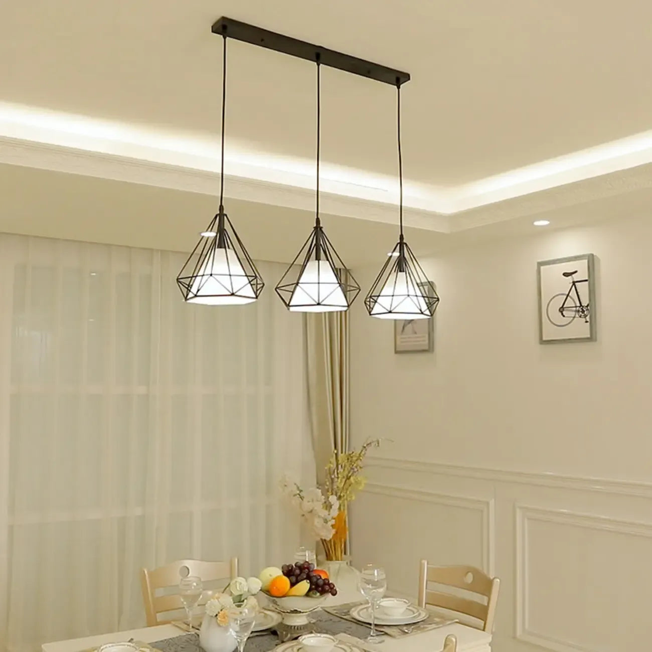 Lampadario a sospensione da cucina a 3 luci, in metallo nero, con forma geometrica