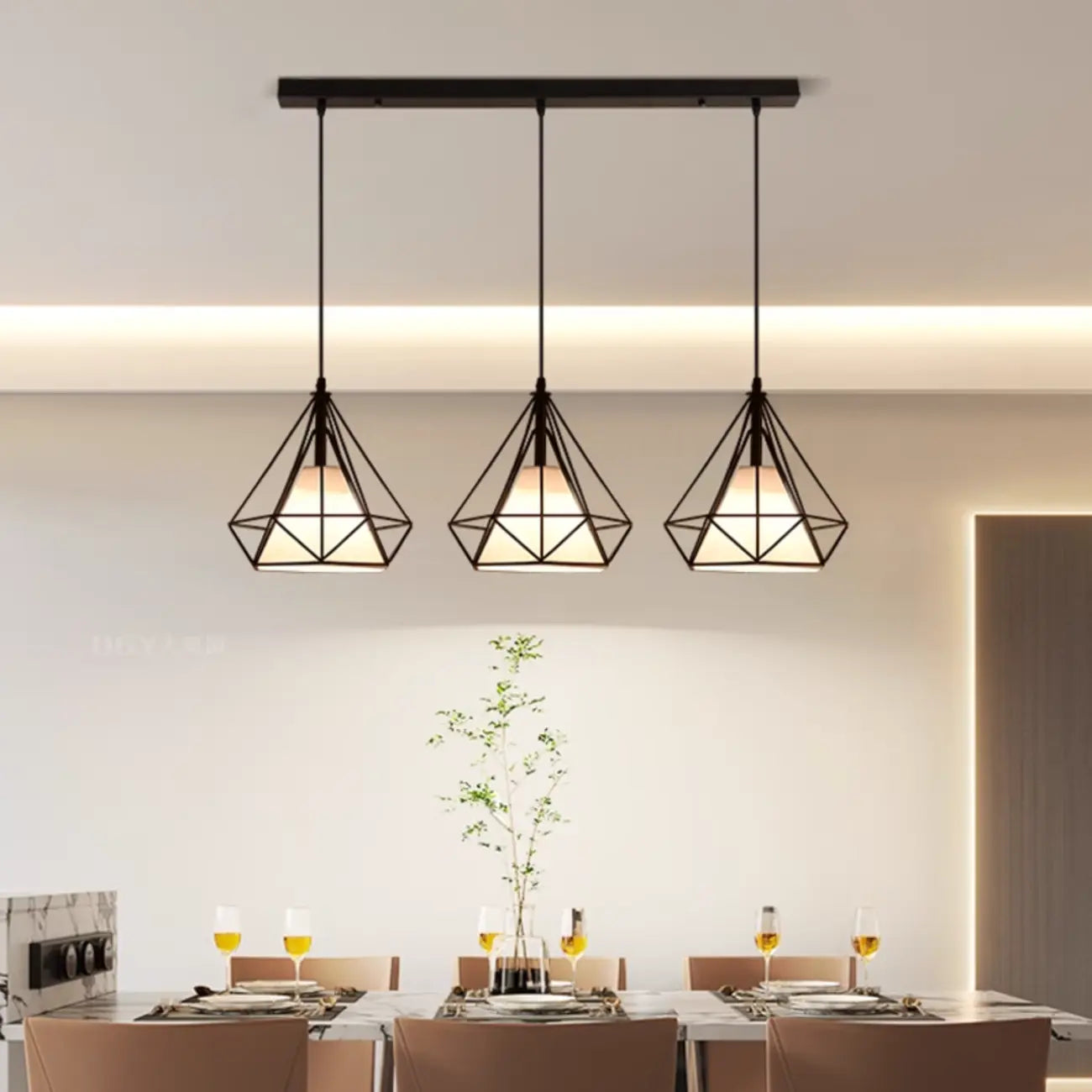 Lampadario a sospensione da cucina a 3 luci, in metallo nero, con forma geometrica