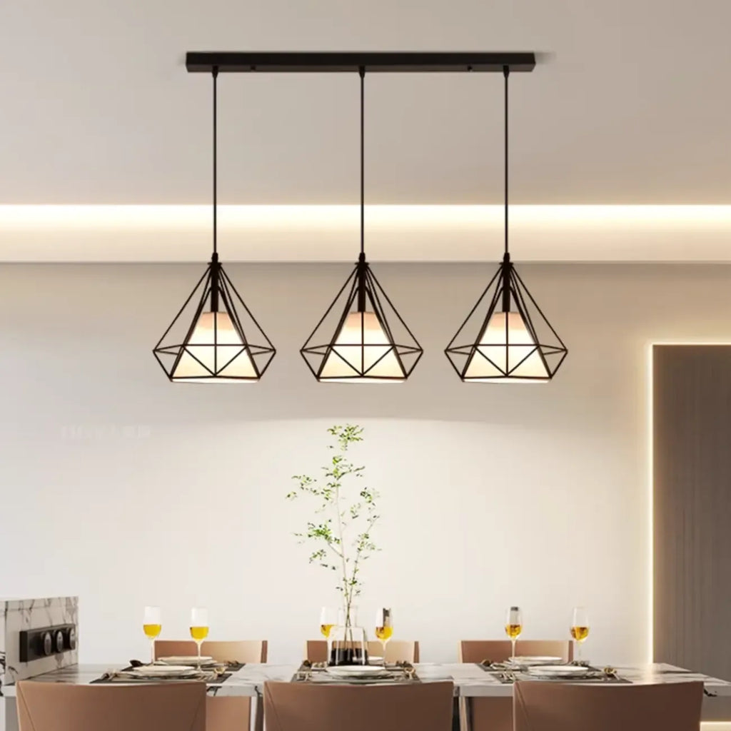 Lampadario a sospensione da cucina a 3 luci, in metallo nero, con forma geometrica