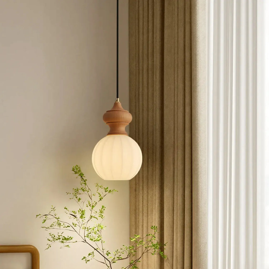 Lampada a sospensione moderna regolabile in legno e vetro per camera da letto