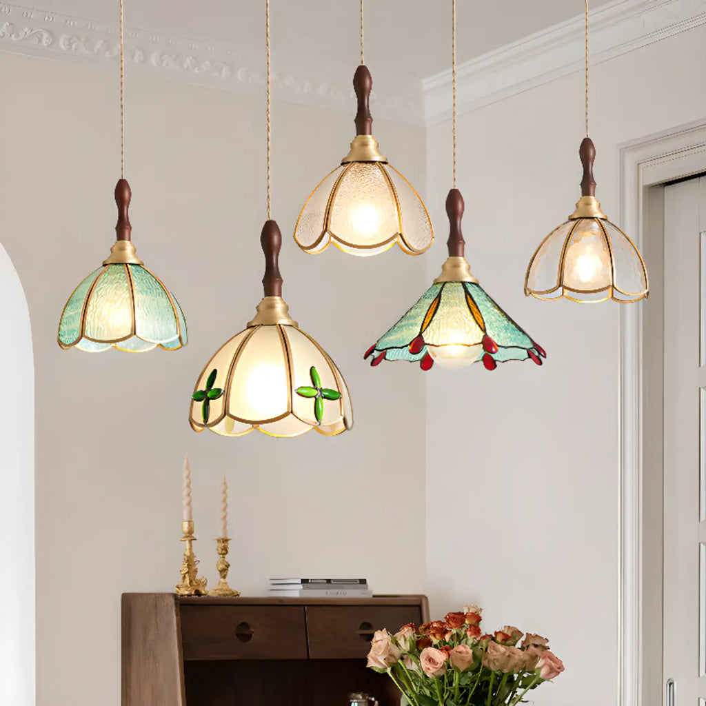 Lampada a sospensione a 3 luci in vetro ottone a forma di fiore per sala da pranzo