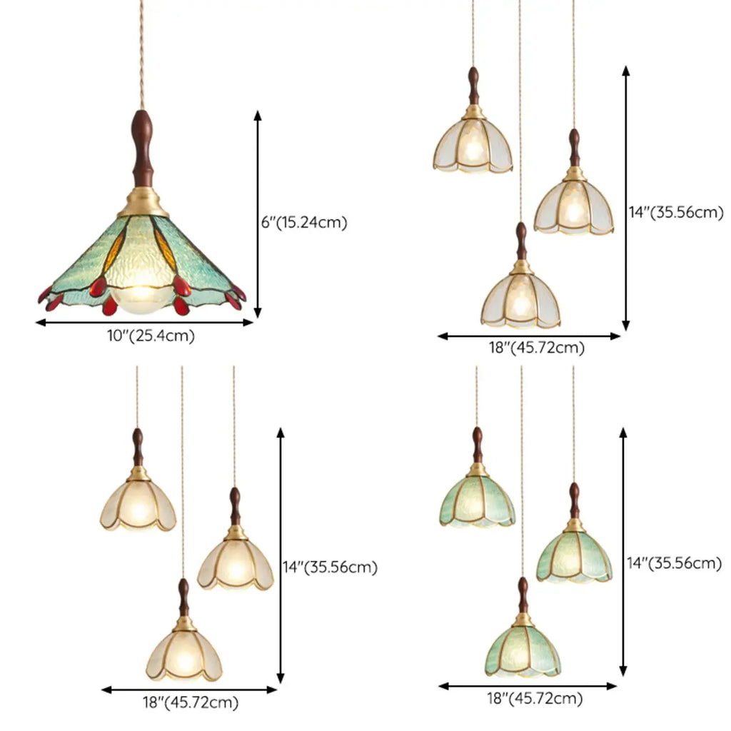 Lampada a sospensione a 3 luci in vetro ottone a forma di fiore per sala da pranzo