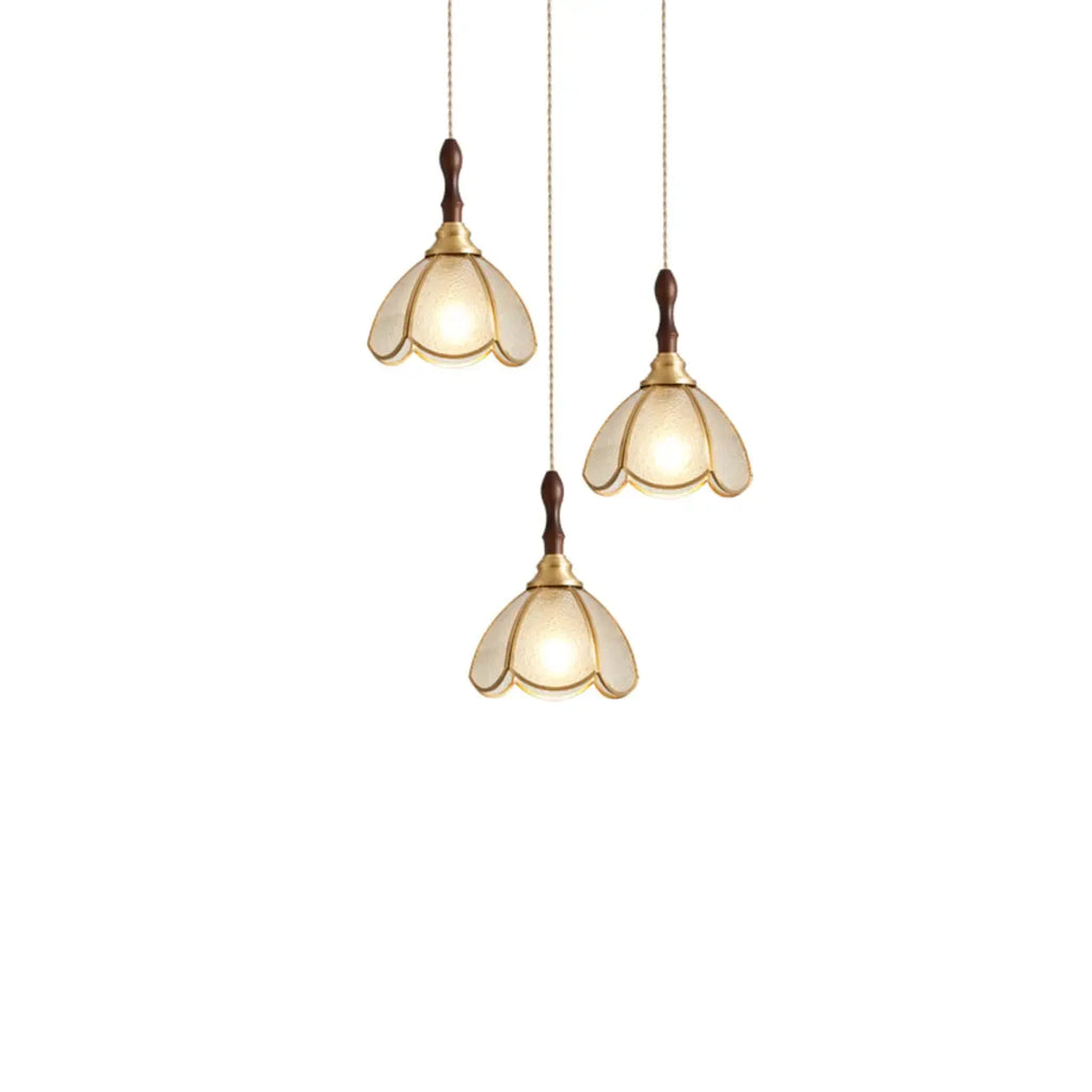 Lampada a sospensione a 3 luci in vetro ottone a forma di fiore per sala da pranzo