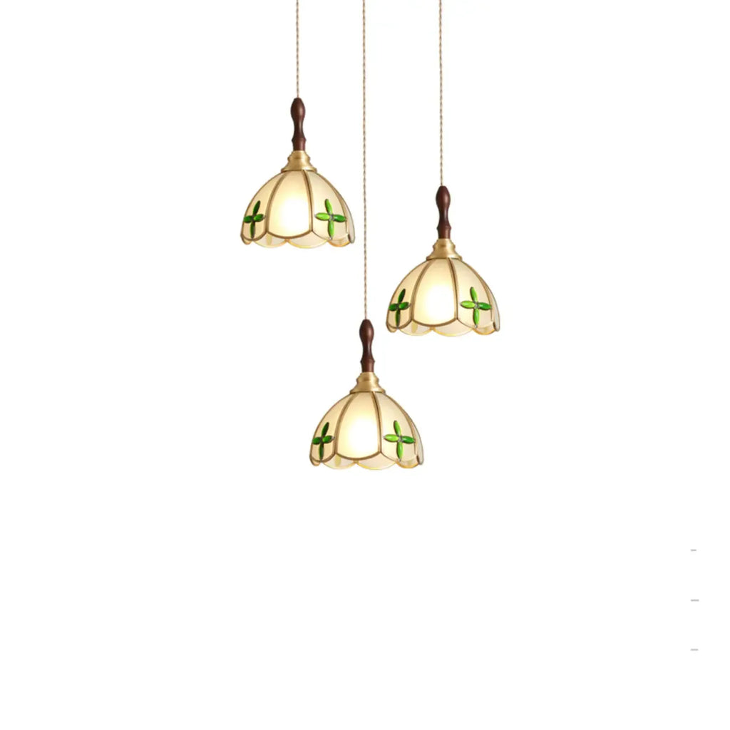 Lampada a sospensione a 3 luci in vetro ottone a forma di fiore per sala da pranzo