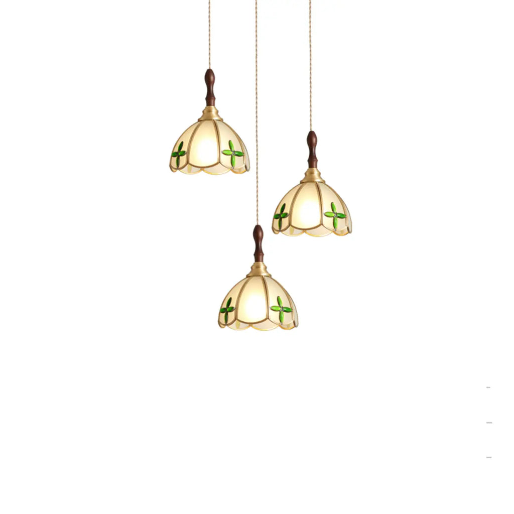 Lampada a sospensione a 3 luci in vetro ottone a forma di fiore per sala da pranzo
