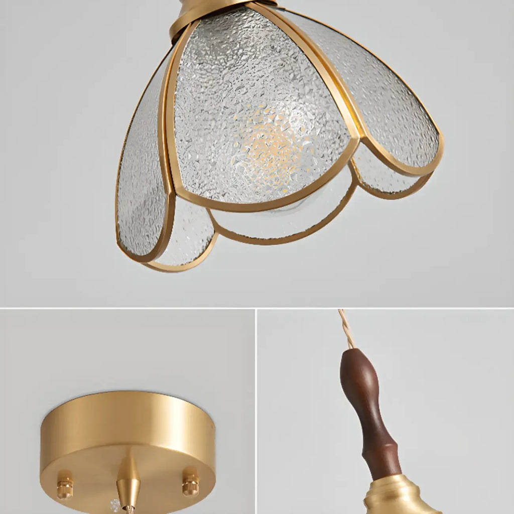 Lampada a sospensione a 3 luci in vetro ottone a forma di fiore per sala da pranzo