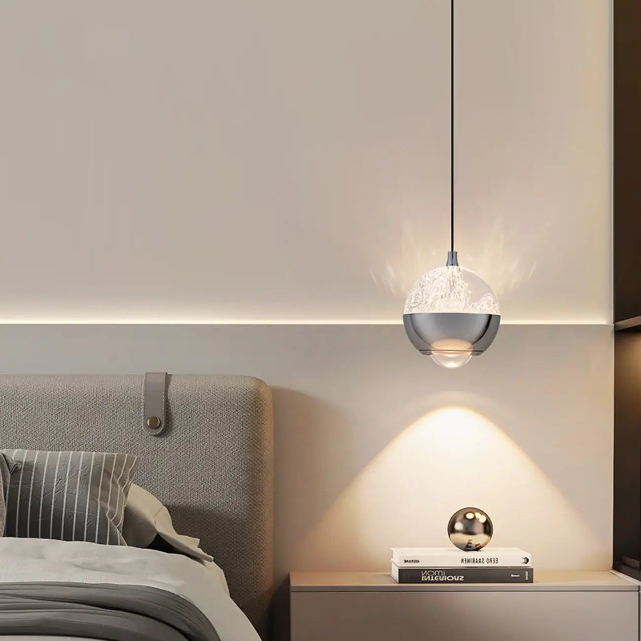Suspension moderne en métal transparent avec globe lumineux réglable pour chambre à coucher