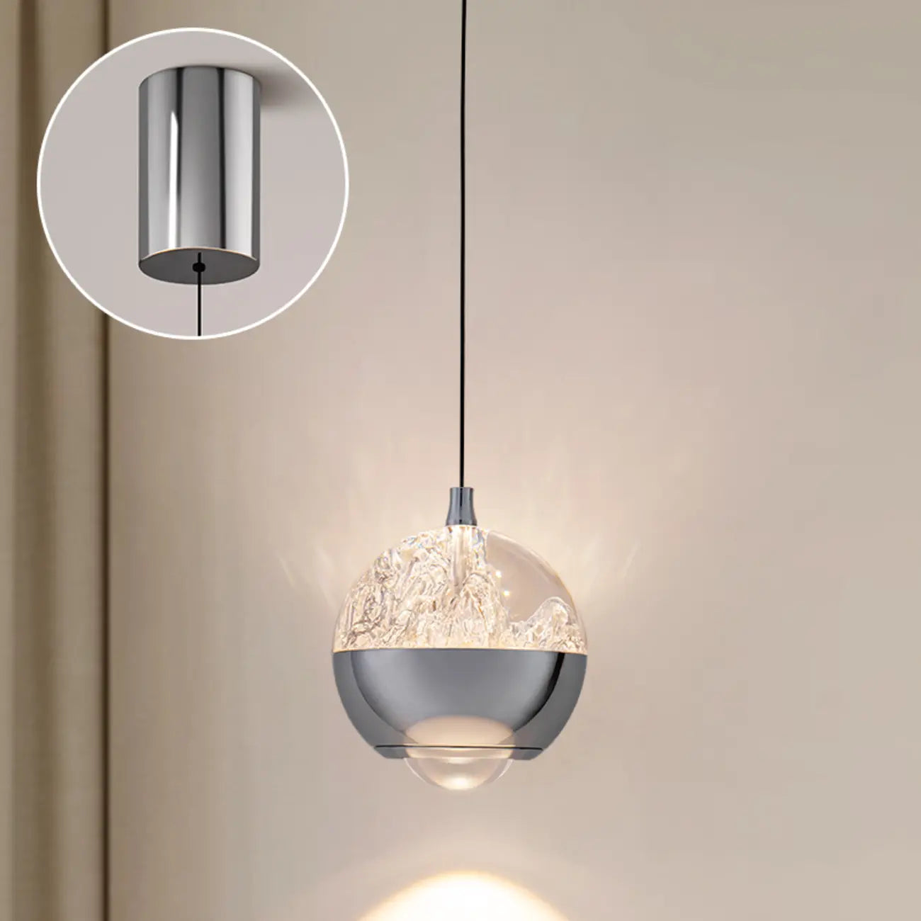 Suspension moderne en métal transparent avec globe lumineux réglable pour chambre à coucher
