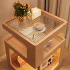 Table de chevet ouverte en bois d'hévéa avec plateau en verre cubique et éclairage intégré