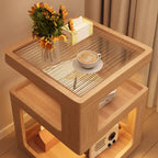 Table de chevet ouverte en bois d'hévéa avec plateau en verre cubique et éclairage intégré