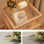 Table de chevet ouverte en bois d'hévéa avec plateau en verre cubique et éclairage intégré