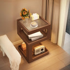 Table de chevet ouverte en bois d'hévéa avec plateau en verre cubique et éclairage intégré