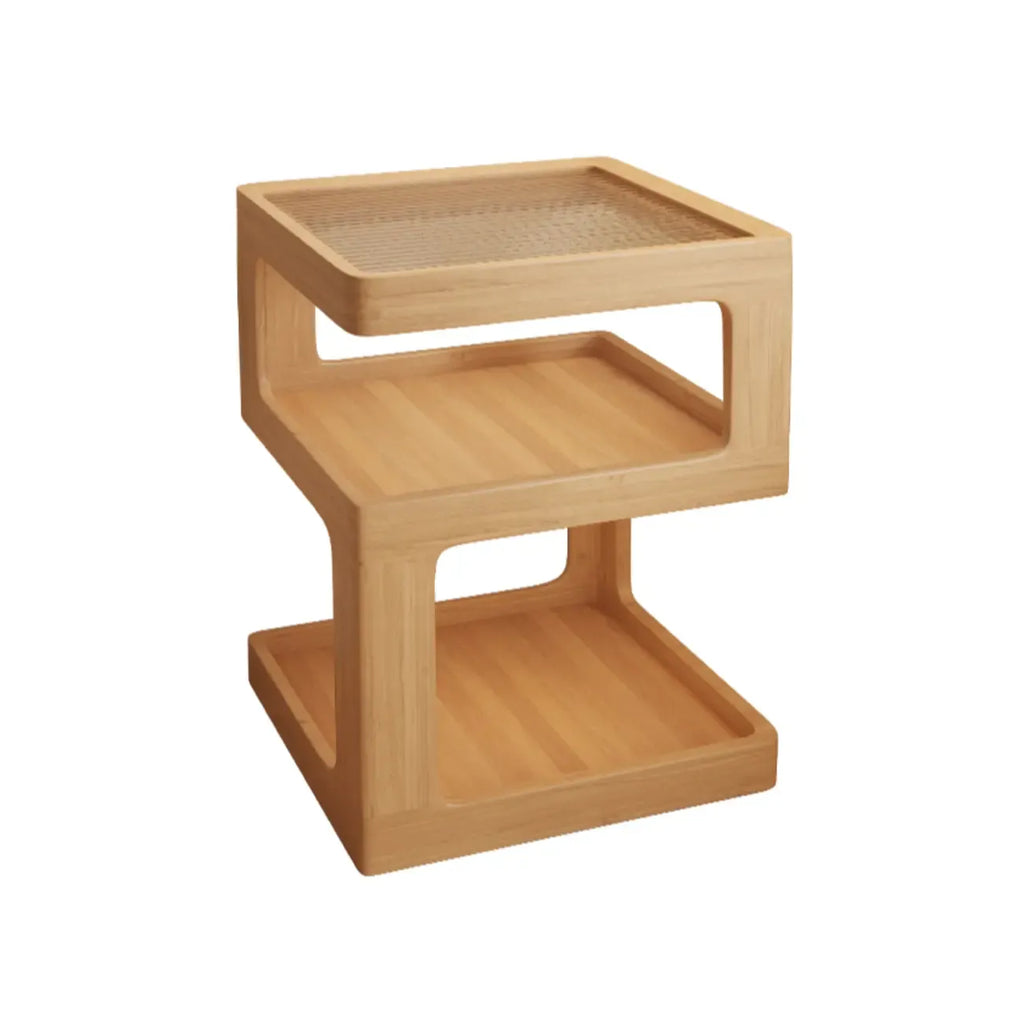 Table de chevet ouverte en bois d'hévéa avec plateau en verre cubique et éclairage intégré