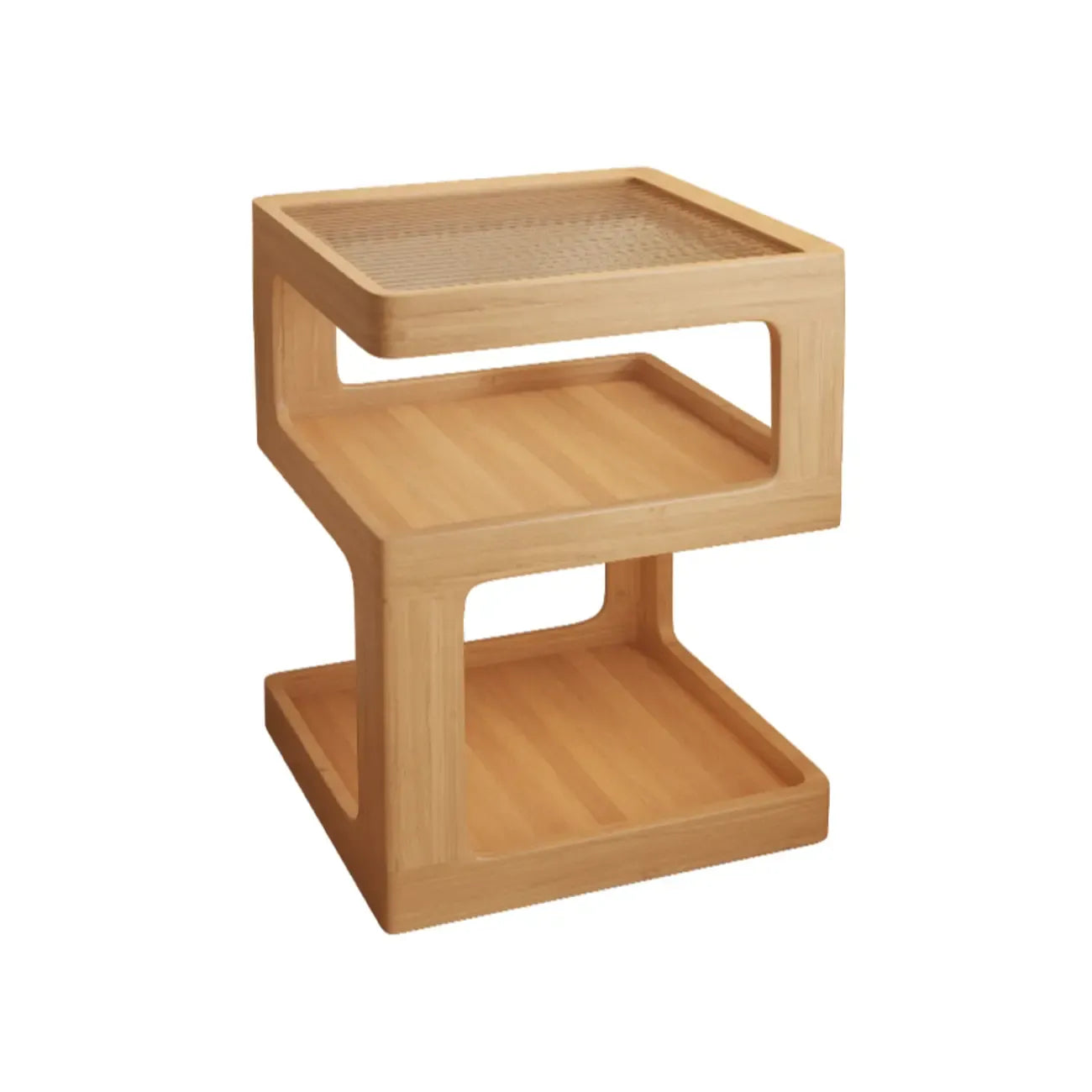 Table de chevet ouverte en bois d'hévéa avec plateau en verre cubique et éclairage intégré