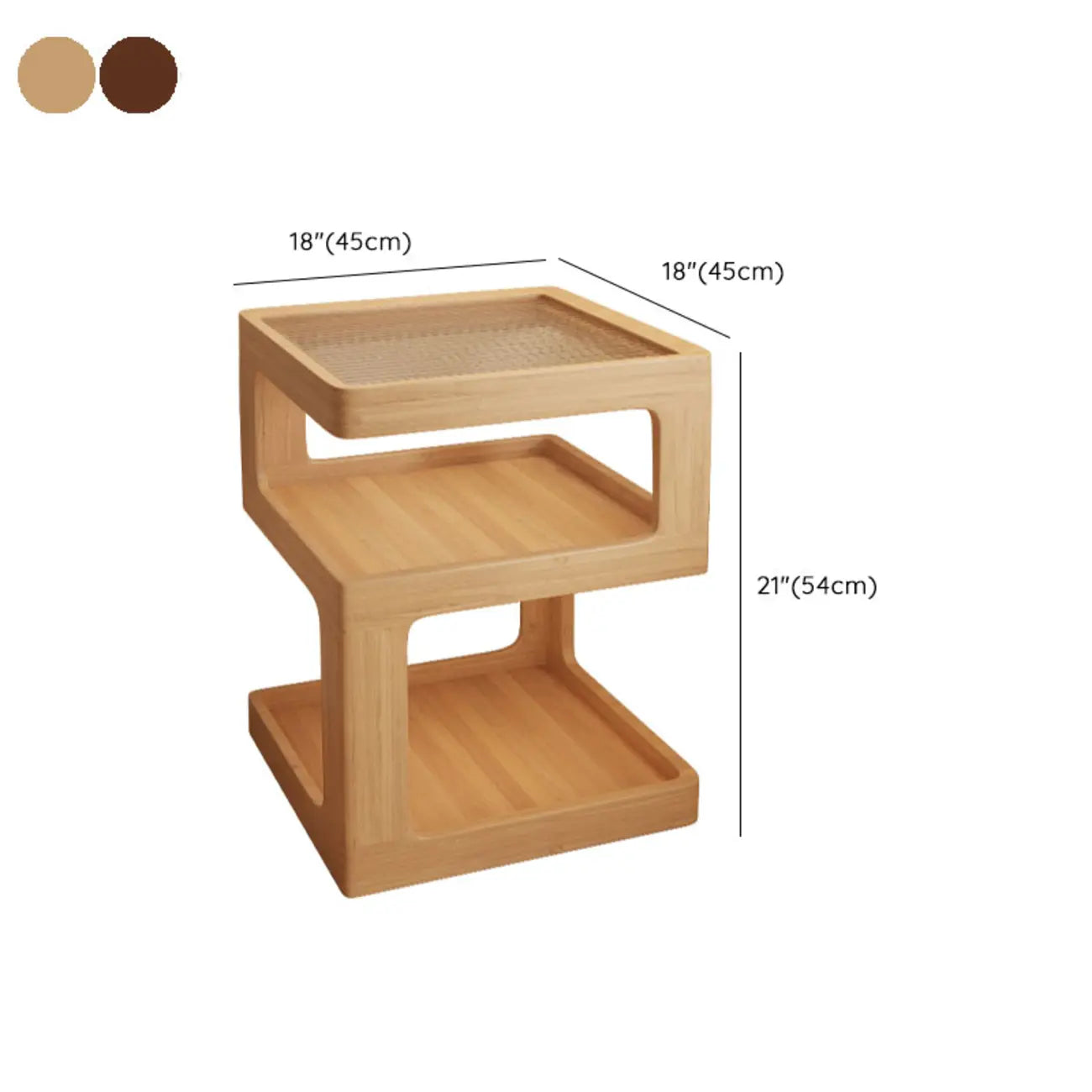 Table de chevet ouverte en bois d'hévéa avec plateau en verre cubique et éclairage intégré