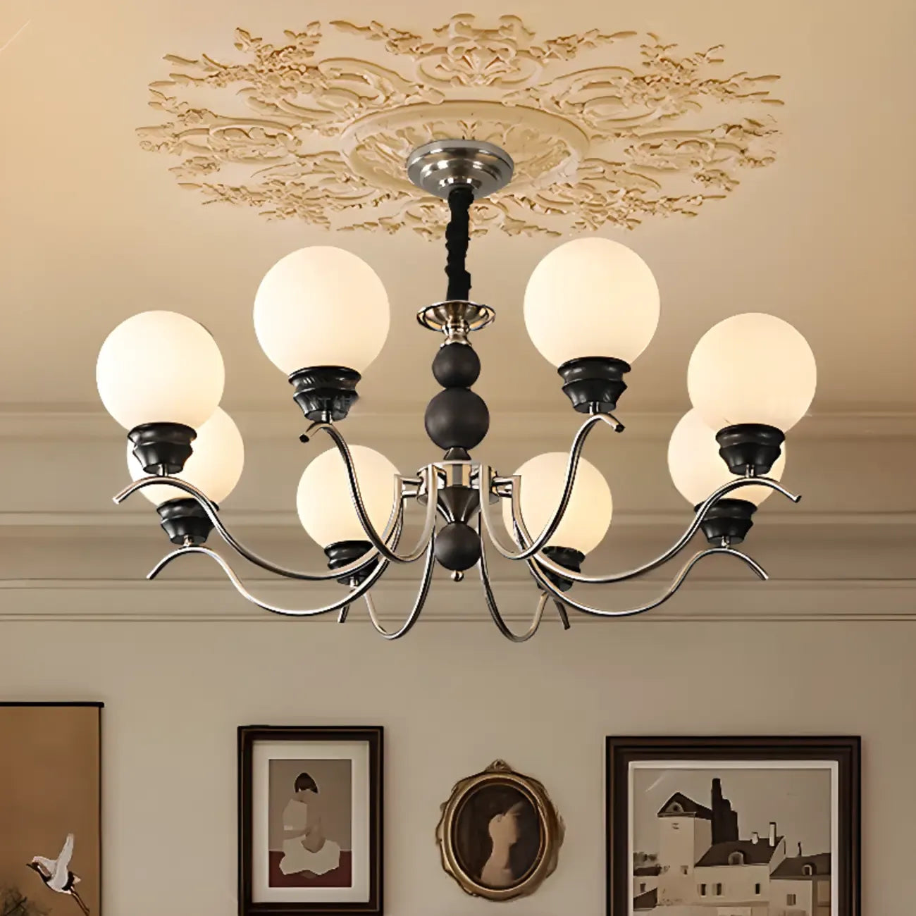 Lustre moderne classique en métal noir et globe en verre