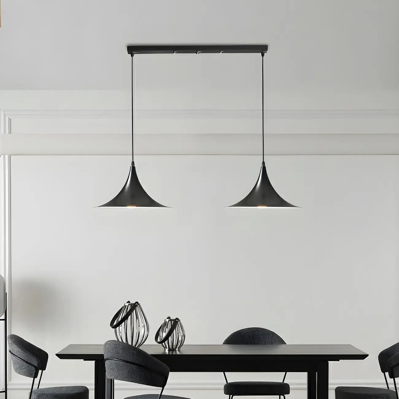 Suspension moderne à deux lumières en fer noir en forme de trompette pour îlot de cuisine