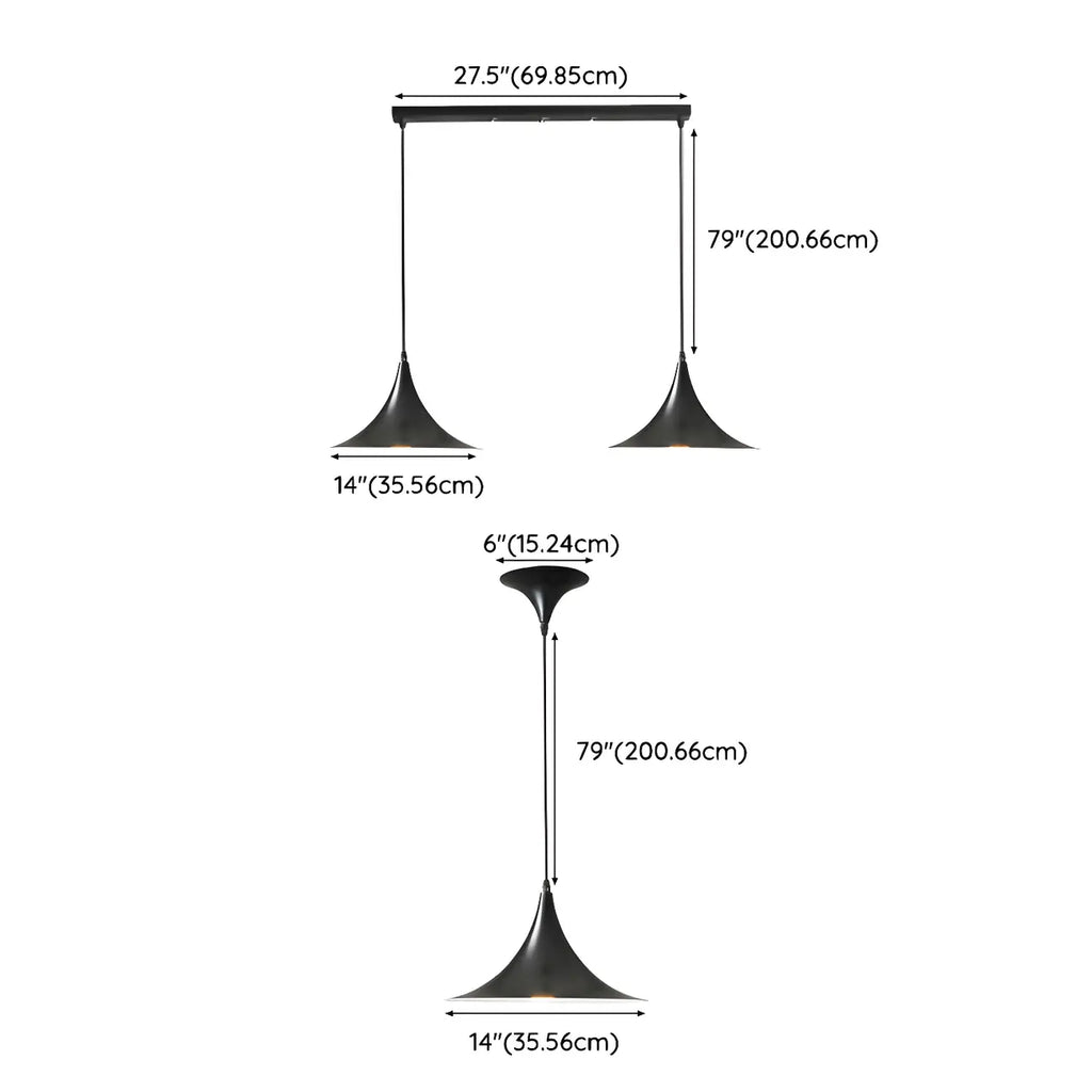 Suspension moderne à deux lumières en fer noir en forme de trompette pour îlot de cuisine
