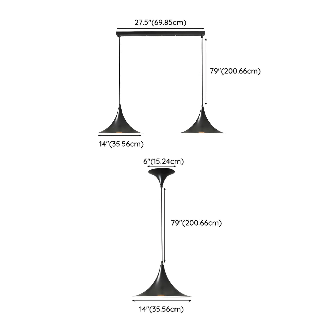 Suspension moderne à deux lumières en fer noir en forme de trompette pour îlot de cuisine