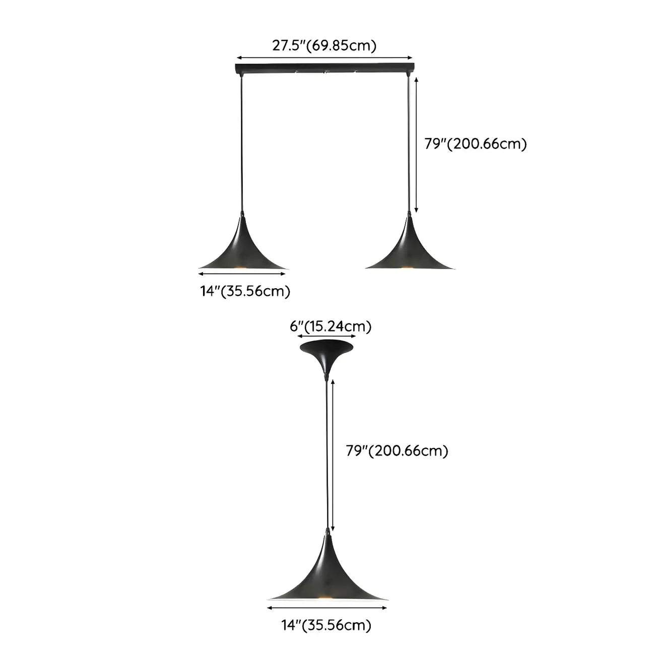Suspension moderne à deux lumières en fer noir en forme de trompette pour îlot de cuisine